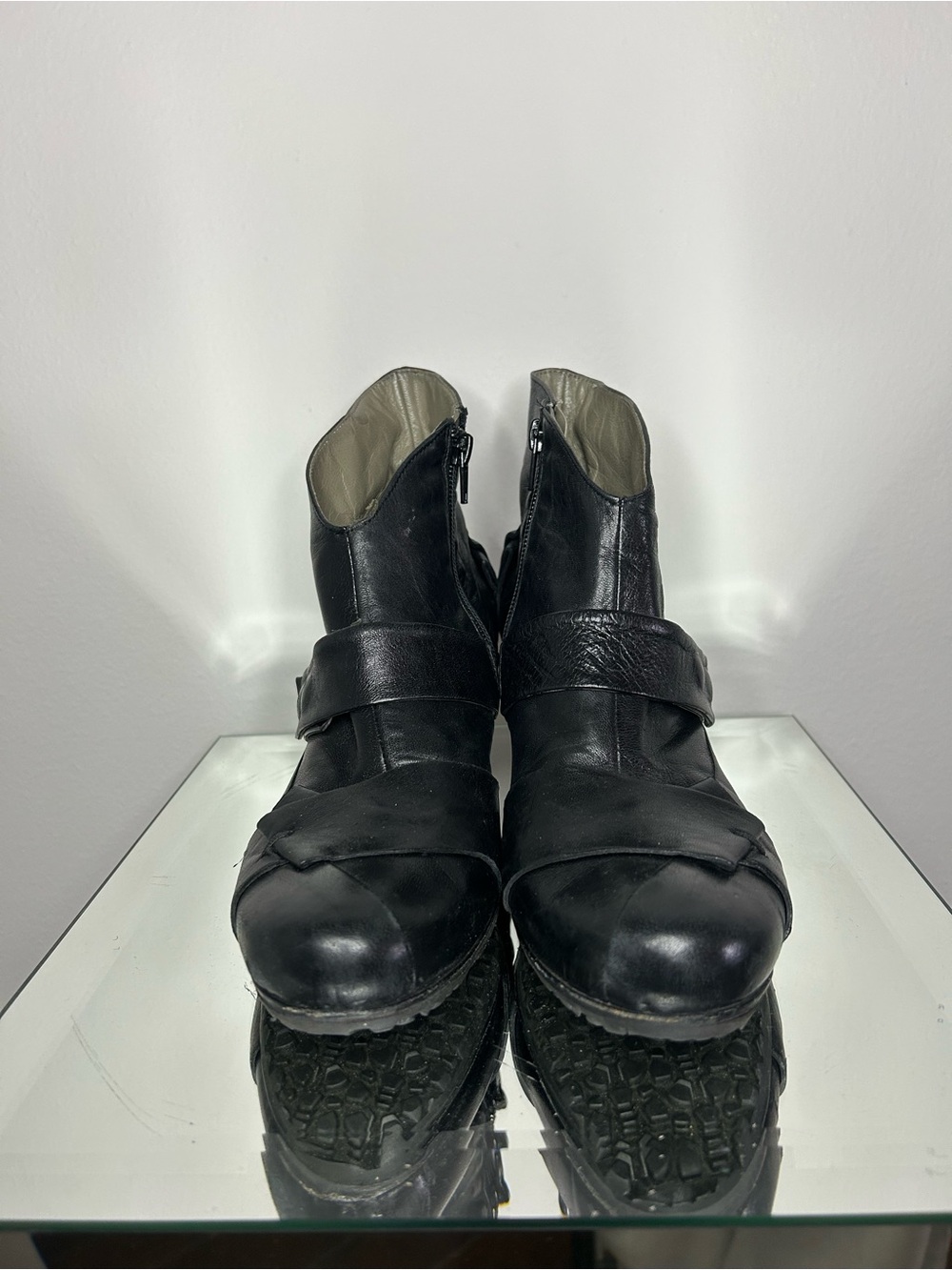 IXOS Black Leather Kitten Heel Boot with Leather Detailing